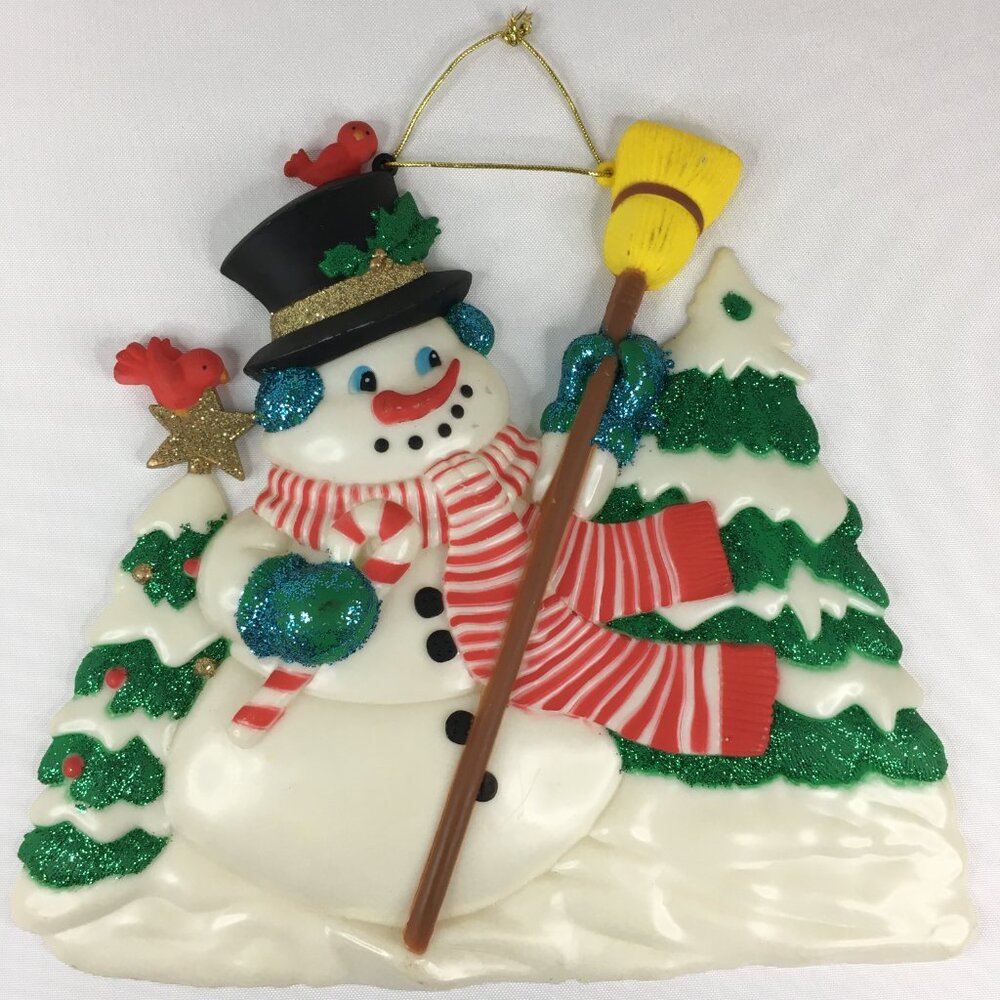 Vintage Glitter Snowman with Broom Christmas Winter Wall Hanging Holiday Decor